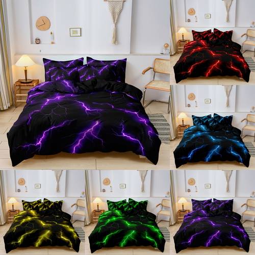 3pcs purple yellow lightning line duvet cover bedding 1 duvet cover 2 pillowcase without comforter pillow insert soft comfortable duvet cover for bedroom bedroom decor queen king size bed room decration