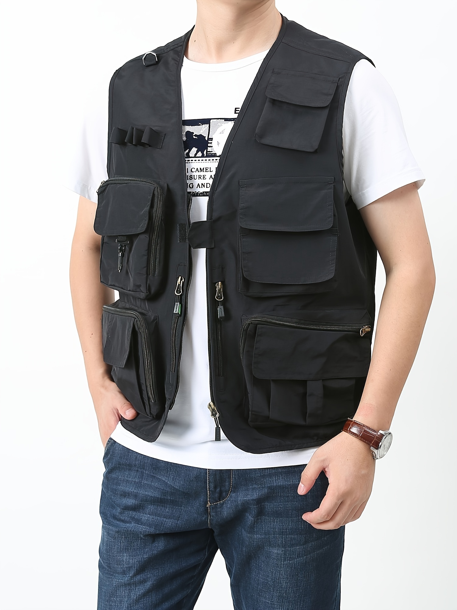 Zipper Pockets Cargo Vest Men's Casual Outwear Zip Vest - Temu