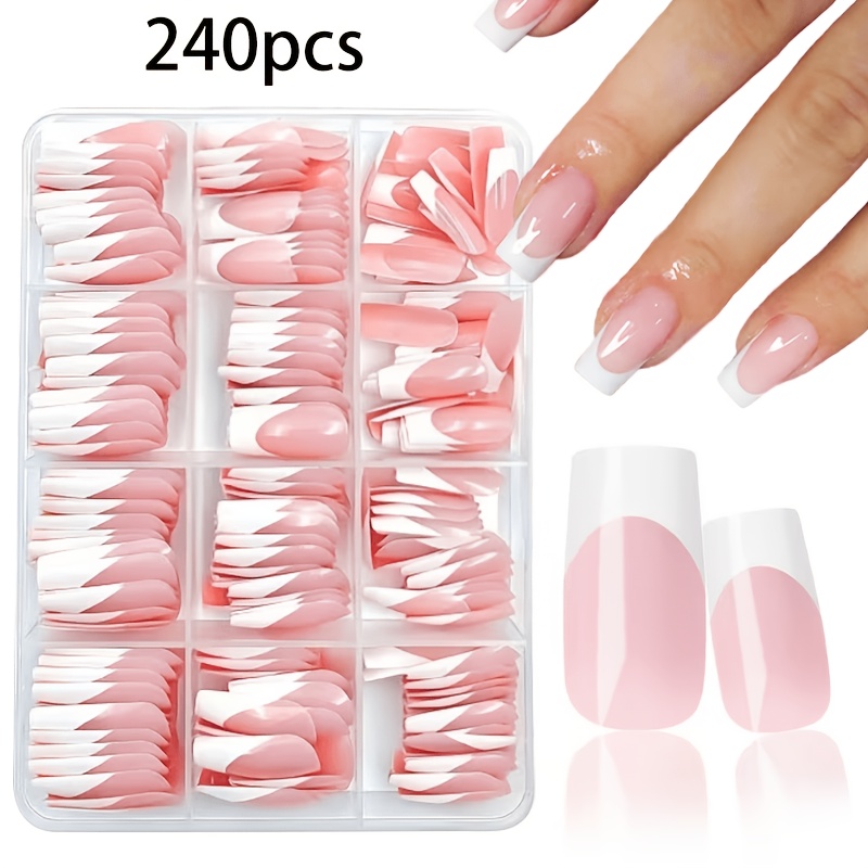 TEMU 240pcs/Boîte Faux Ongles Carrés Longs Moyens à Coller, Rose et Blanc French Manucure Facile, 12 Tailles Disponibles, Extensions de Manucure de