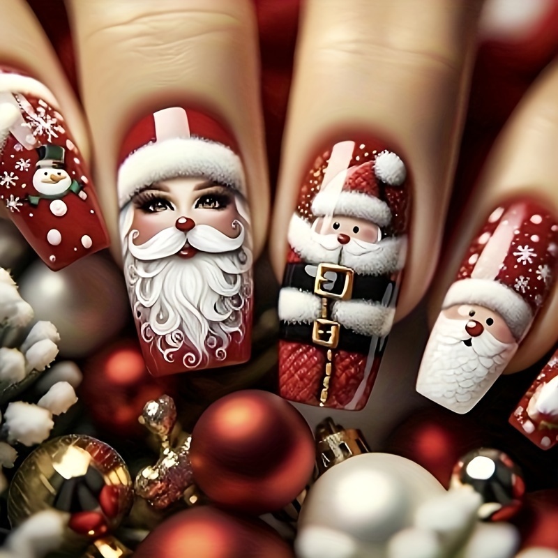 

24pcs Christmas Press On Nails, Medium Square Fake Nails With Santa Claus Snowman Design, Cute False Nails For Women Girls