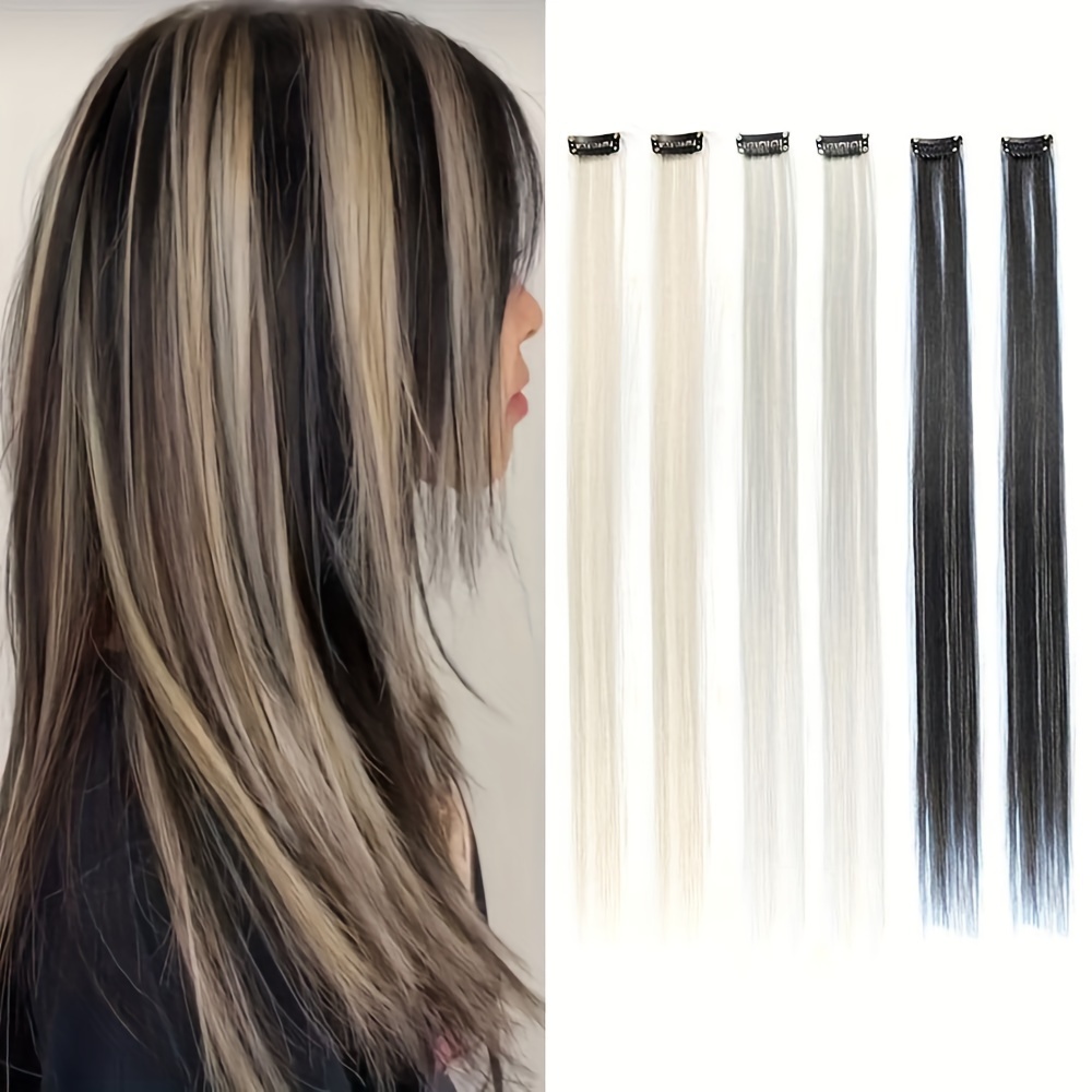 Image of 6pcs Long Clip-in Hair Extensions For Women - Colorful, Black & White Gray Synthetic Wig Pieces, 22 Inches - Perfect For Halloween Parties Or Everyday Use Christmas