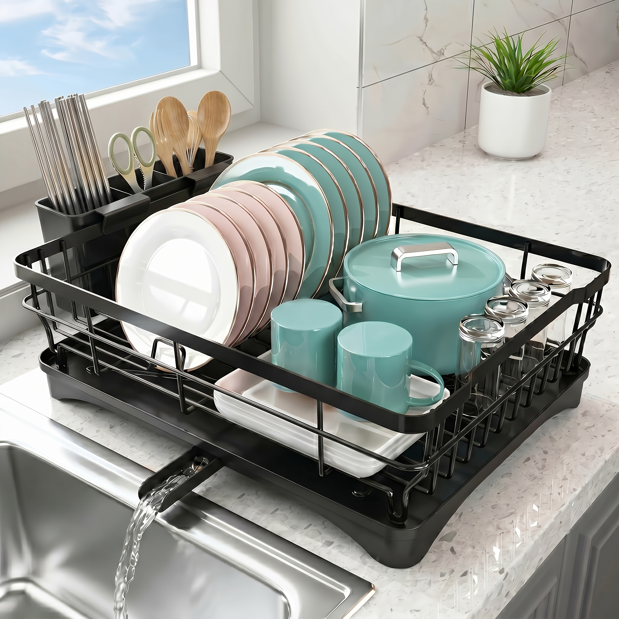 1pc Large Metal Dish Rack With , Rustproof Kitchen Sink Organizer, Countertop Space- Dish Storage, Black Utensil Holder, Ideal Mother's Day Gift