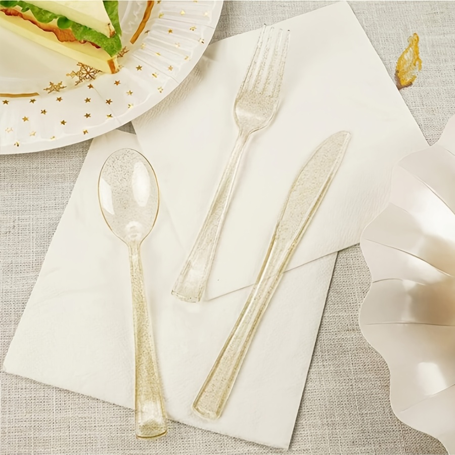 ensemble de couverts réutilisables à paillettes dorées 75/150 pièces, comprenant couteaux,   et cuillères, lavables et réutilisables. convient pour collations, desserts, gâteaux,  ., idéal pour anniversaires, fêtes   dannée,   et autres occasions