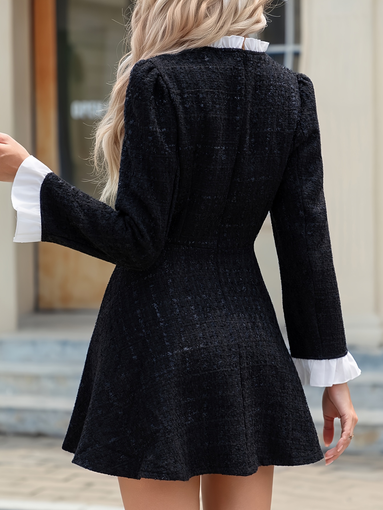 ladys tweed dress color blocking elegant fitted style hw915 - Temu