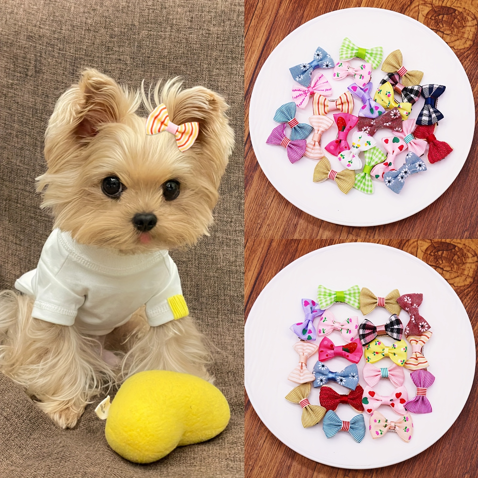 TEMU 30pcs Of Yorkie Dog Hair Bows With Clips, Assorted Colors And Patterns For Pet Grooming. Check Out The Chenkou Craft Store For Dog Additions