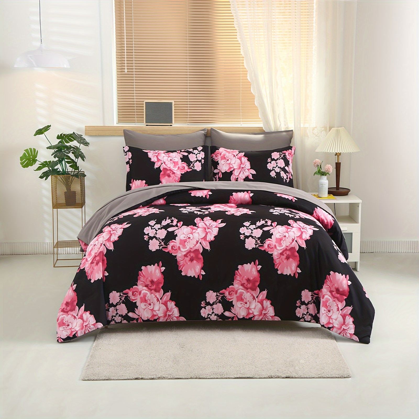 

7 Pcs Botanical Bed In A Bag Queen And King Comforter Set, Pink Floral On Black And Purple Floral On White - Stain-resistant, Hypoallergenic, And Lightweight Bedding For All Seasons