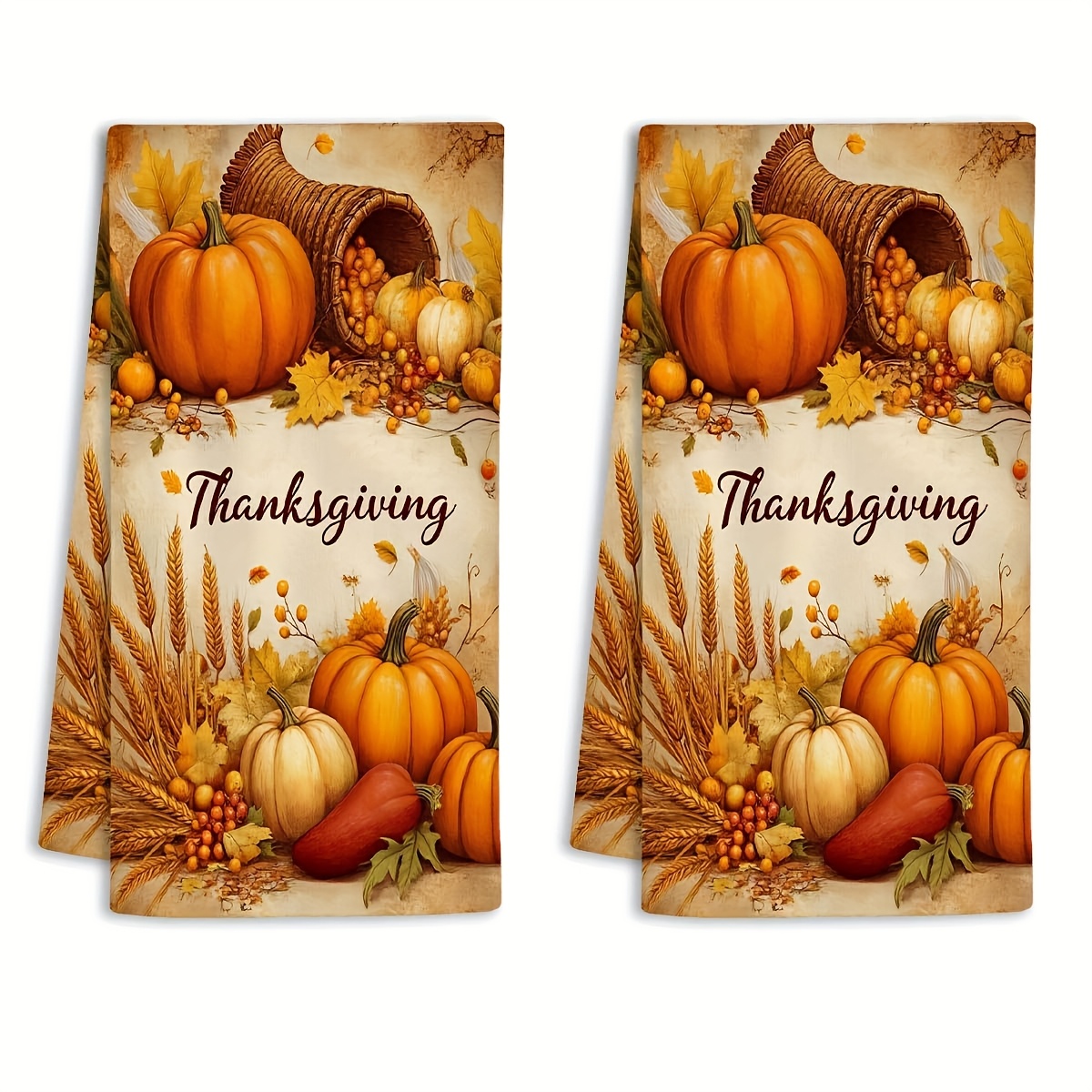 TEMU 2pcs Thanksgiving Kitchen Towels - Absorbent Polyester Dish Towels 18x26in, Rustic Farmhouse Decor With Cartoon-style Pumpkins, Corn & Wheat