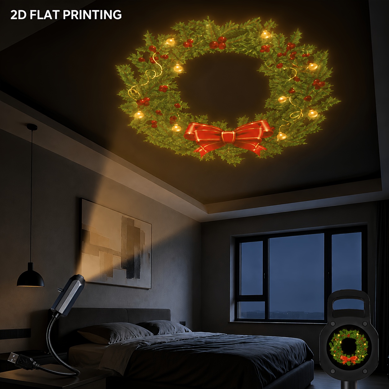 TEMU 10-in-1 Christmas Projection Atmosphere Light, Usb Plug-in Flexible Gooseneck Projector With Snowman Reindeer Tree Stocking Gingerbread Patterns