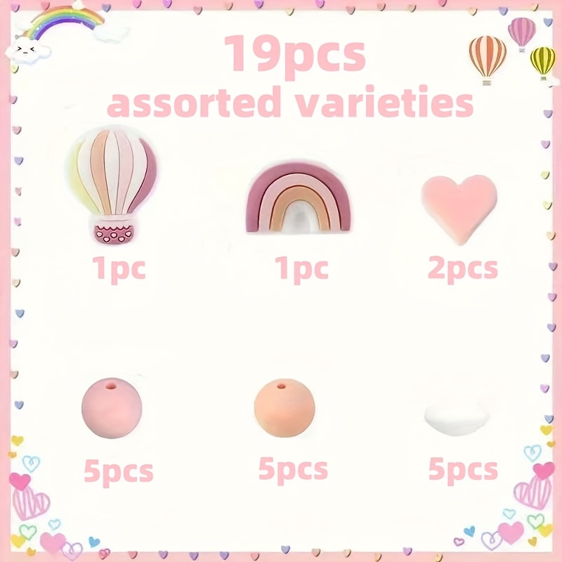 Image of 19pcs Random Mixed Style Rainbow Balloon Silicone Beads Set For Crafts, Jewelry Making - Colorful Round And Heart-shaped Beads With Rainbow And Hot Air , Perfect For Bracelets, Necklaces, And More
