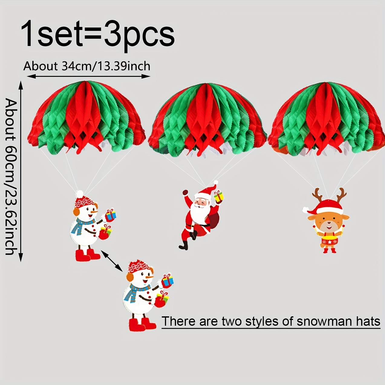 1set/3pcs Paper Honeycomb Hanging Ornaments, Creative Red And Green Parachute-shaped Honeycomb Decorations, Christmas Scene Arrangement Ornaments