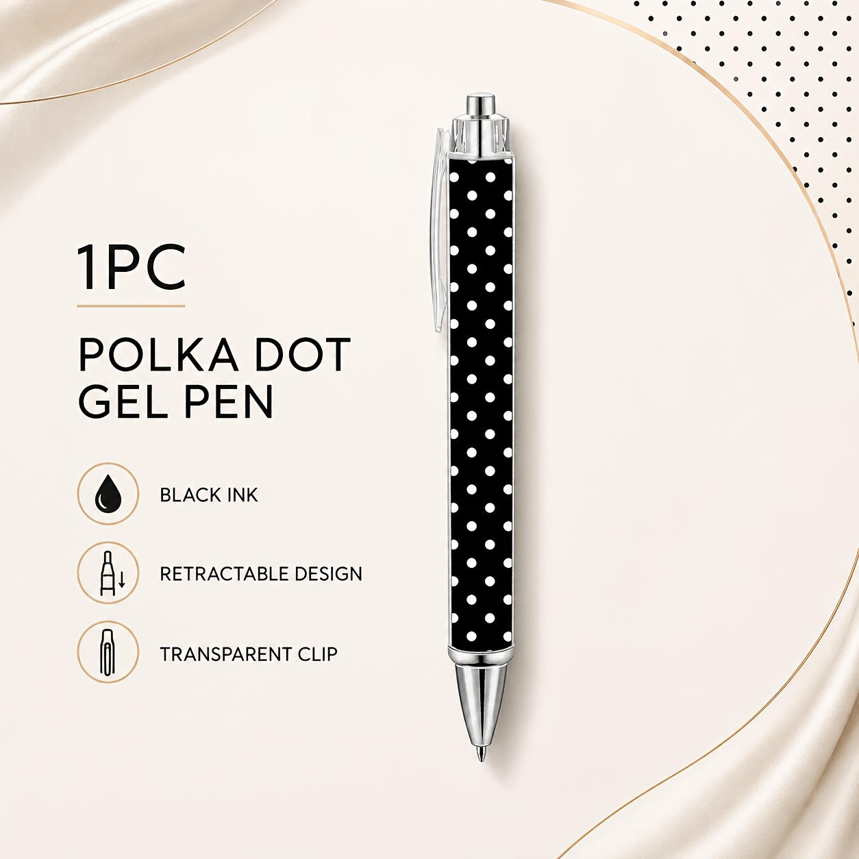 TEMU 1pc Black And White Polka Dot Gel Pen, Black Ink Retractable Pen With Transparent Clip For Journaling, Office & Gifts