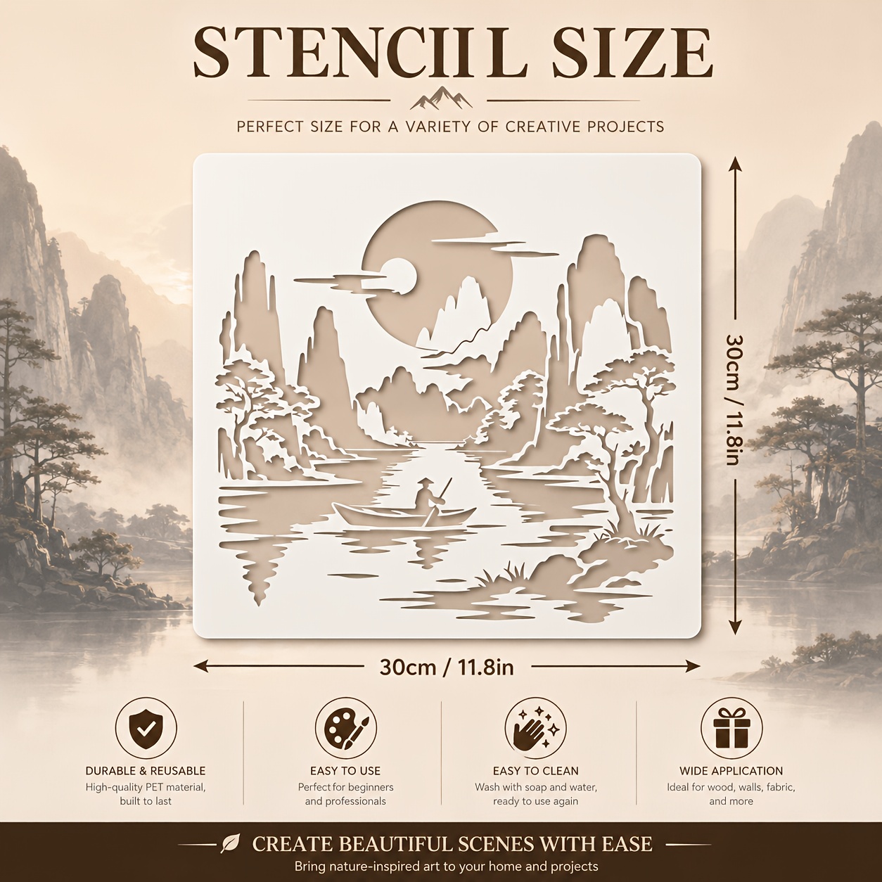 TEMU Large Reusable Ink-washed Chinese Landscape Stencil Template - Suitable For Wall Art, Canvas, Fabric Crafts, Diy Boat & Mountain Designs,