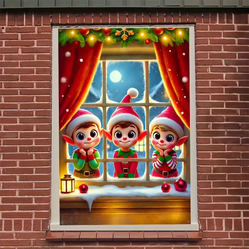 

1pc, Christmas Window Decor - Elf Design, Door & Window Accent, Reusable Polyester, For Indoor & Outdoor Christmas Party Decor, Yard, Lawn & Garden Flag