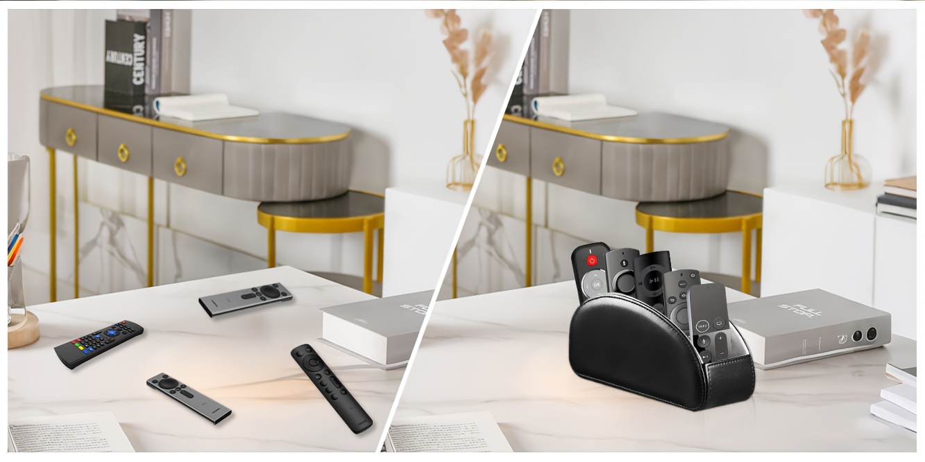 一款带有5个隔层的仿皮皮肤遥控器支架，多功能桌面收纳盒/遥控器整理盒/床头柜遥控器盒/家庭收纳容器，适用于电视遥控器、家电遥控器、笔、眼镜、办公用品、收纳盒整理