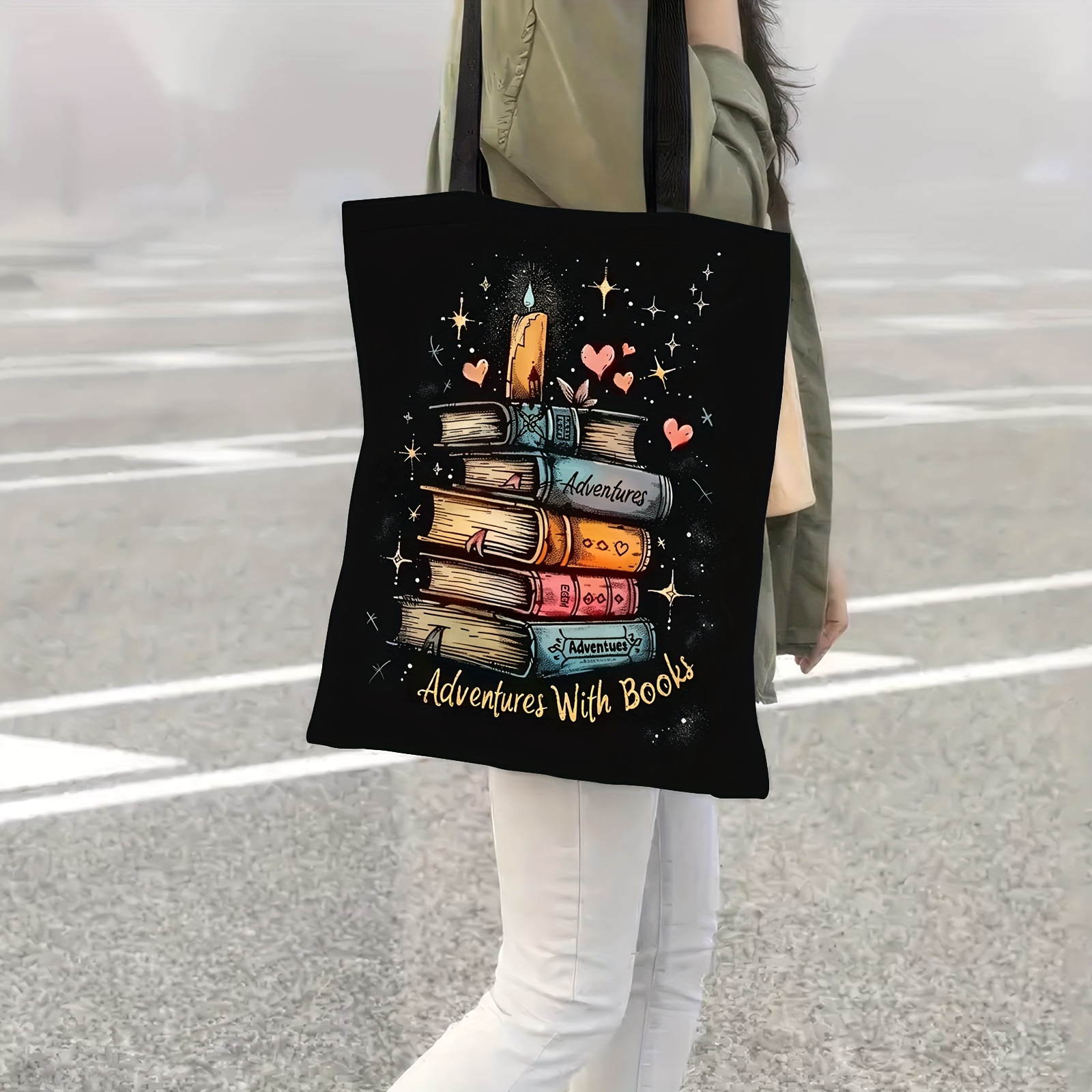 TEMU 1pc, Tote Bag With Cartoon Book Design, Spacious Shoulder Bag, Casual Handbag For Women & Gift Bag For Shopping