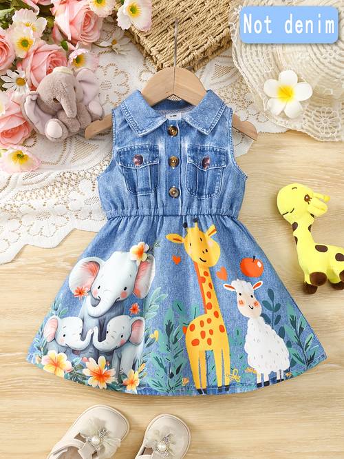 adorable summer sleeveless dress for baby girls cute animal floral print denim waist with adjustable straps machine washable blue cartoon elephant baby dress