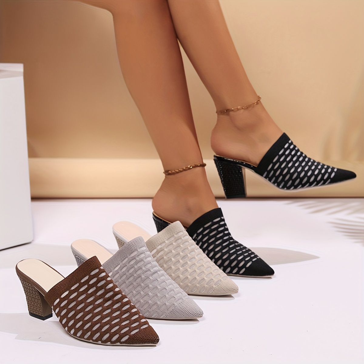 women s heeled mule sandals knit closed pointed toe slip details 3