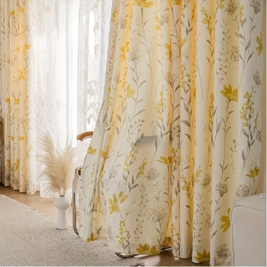 TEMU 1pc Rod Pocket Yellow Orchid Floral Print Curtain - 100% Polyester Light Filtering Protection Window Drapes For Bedroom & Living Room, Home