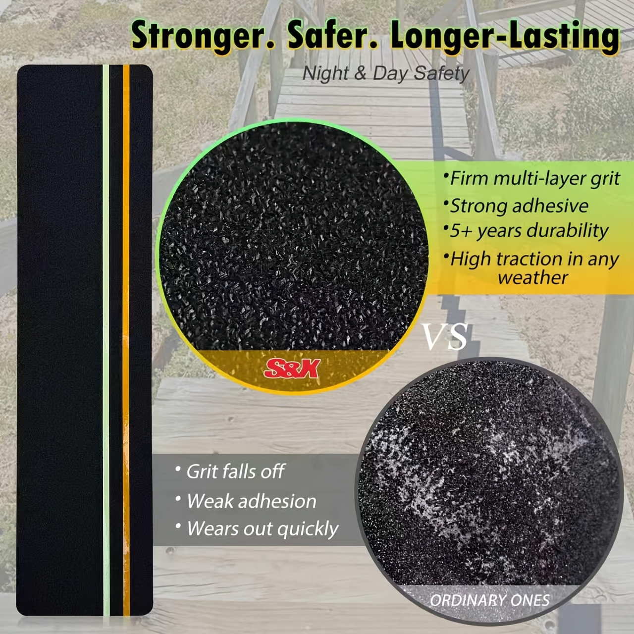 Double Reflective Tapes Outdoor Stair Tread Non-Slip, with Reflective And Glow-In-Dark Strips, Non-Slip Stair Tread High-Traction Tape, Suitable for Wooden Steps Ramps Deck Boat, Black