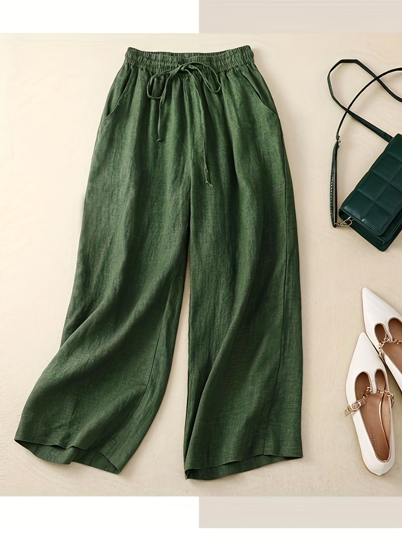 Women's Vintage Viscose Linen Pants - Elastic Waist with Adjustable Drawstring, Wide-Leg Relaxed Fit, Solid Color Casual Trousers for Spring Summer Fall, Machine Washable, Casual Attire, Natural Fabric, Seasonal Wardrobe, Wide Leg, Breathable Material, Comfort Seekers