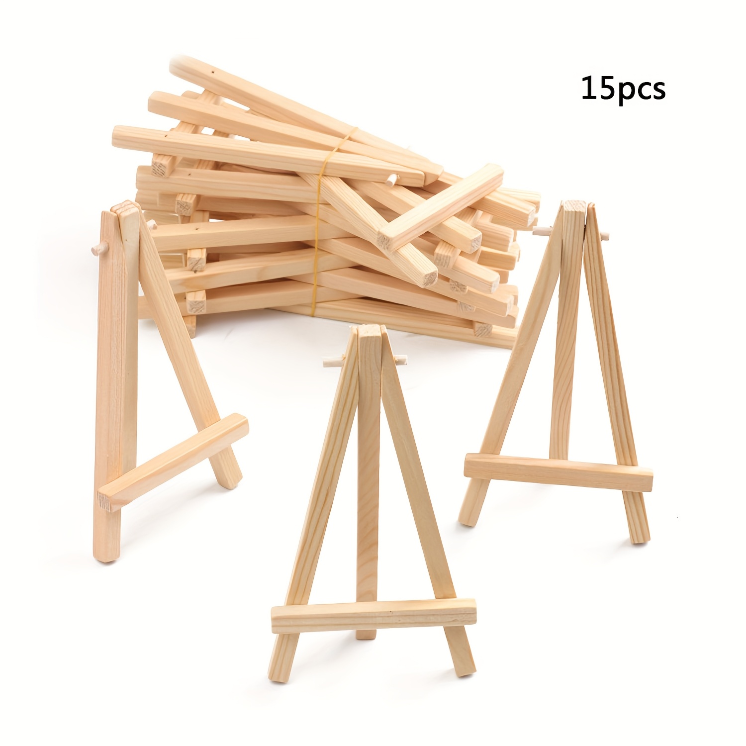 Image of 15pcs Mini Wooden Display Easel Set, Small Desktop Easels, Triangular Easels For Artists, Suitable For Showcasing Canvas Paintings, Weddings, Business Cards, Photos, And Crafts