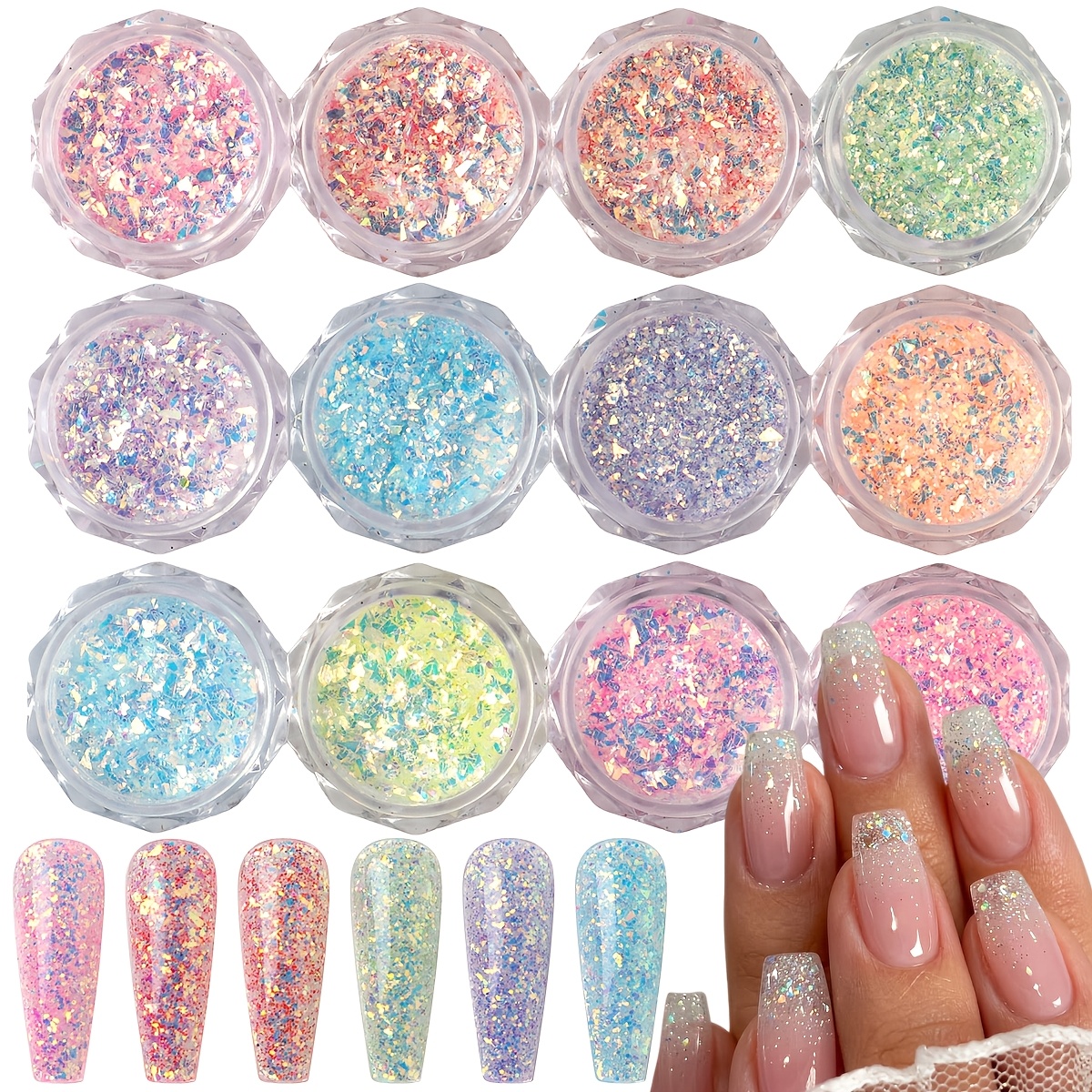 TEMU 12 Colors Holographic Iridescent Ice Slag For Nail Glitter Set, Irregular Mermaid Fluorescent Glass Paper Sequins For Nail Art, Face, Makeup