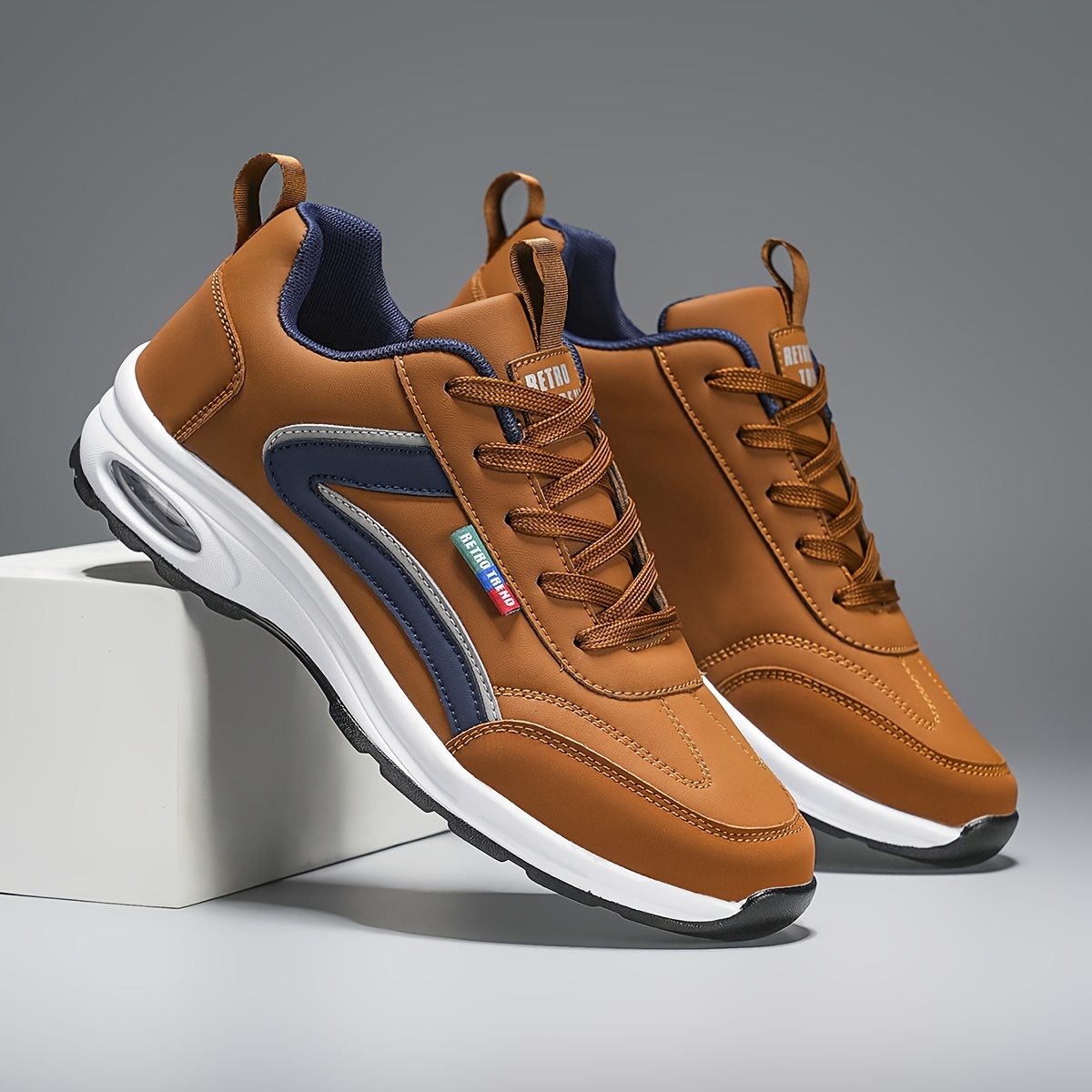 zapatillas casuales de bloque       y naranja para hombre - zapatos cómodos para senderismo en     con amortiguación aérea, diseño con cordones y material   de pu para     y   casual Detalles del producto 3