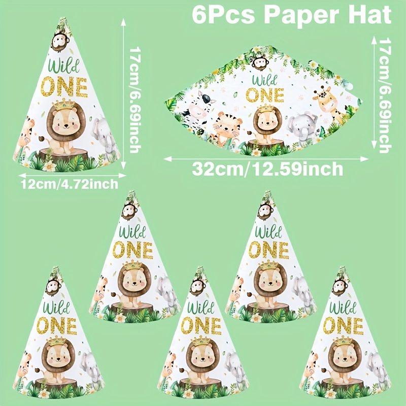 Image of 6pcs, Jungle Animal Themed Paper Party Hats, Party Additions Decorative Hats For 1 Year Old Birthday Party, Happy Birthday Party Supplies, Anniversary Party Atmosphere Decoration, Event Party Headwear