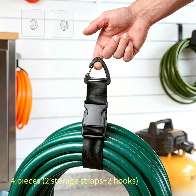 2pcs Storage Straps And 2pcs Hooks, Adjustable Garden Hose Straps, Heavy-duty Extension Rope Organizer, Hanging Storage Straps For Garage And Studio, Reusable Cable Management Straps