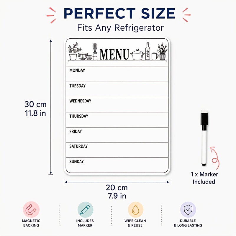 TEMU 1 autocollant magnétique pour blanc, de menu de planification hebdomadaire, avec 1 stylo effaçable, aimant de réfrigérateur de cuisine, idéal