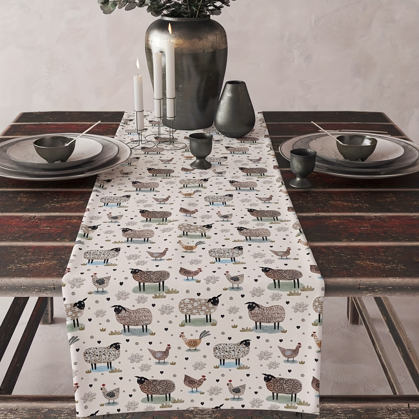 

Rustic Farmhouse Linen Table Runner - Funny Cartoon Sheep & , Kitchen & Dining Room Decor, In 3 Sizes (13x48", 13x72", 13x108"), Decor, Party Supply, Table Decor