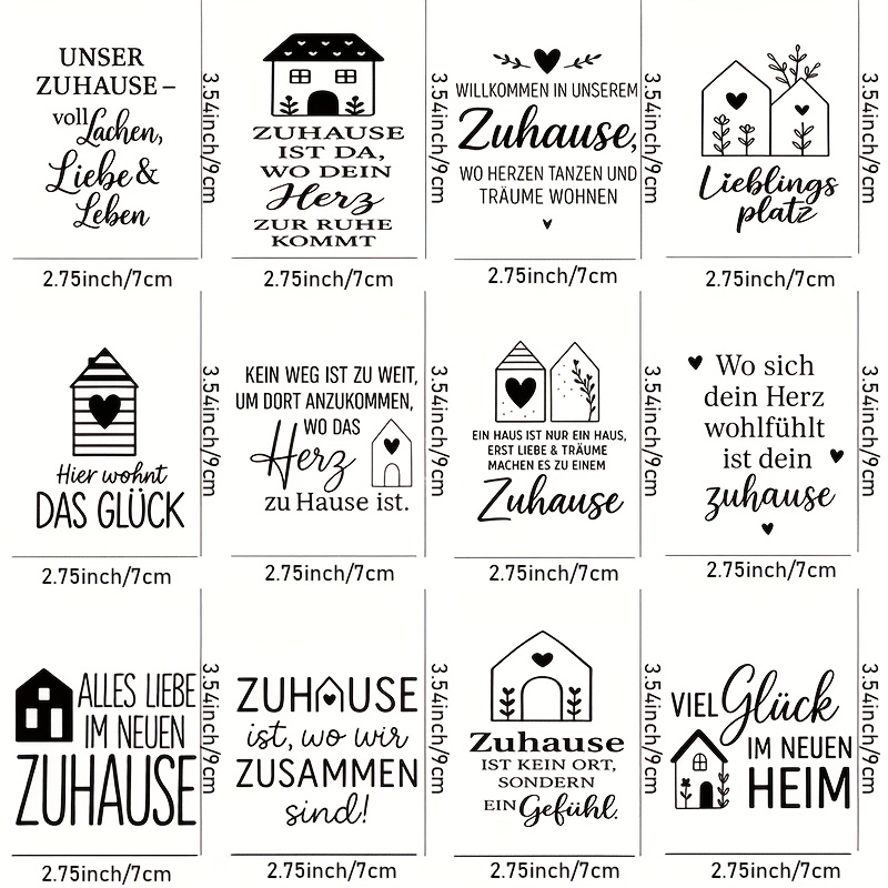 TEMU 2D flache Aufkleber 12 Stück – Deutsche Zitate zum Thema „Glückliches Zuhause“ – Abziehfolie UV-Transfer Aufkleber – Ideal für