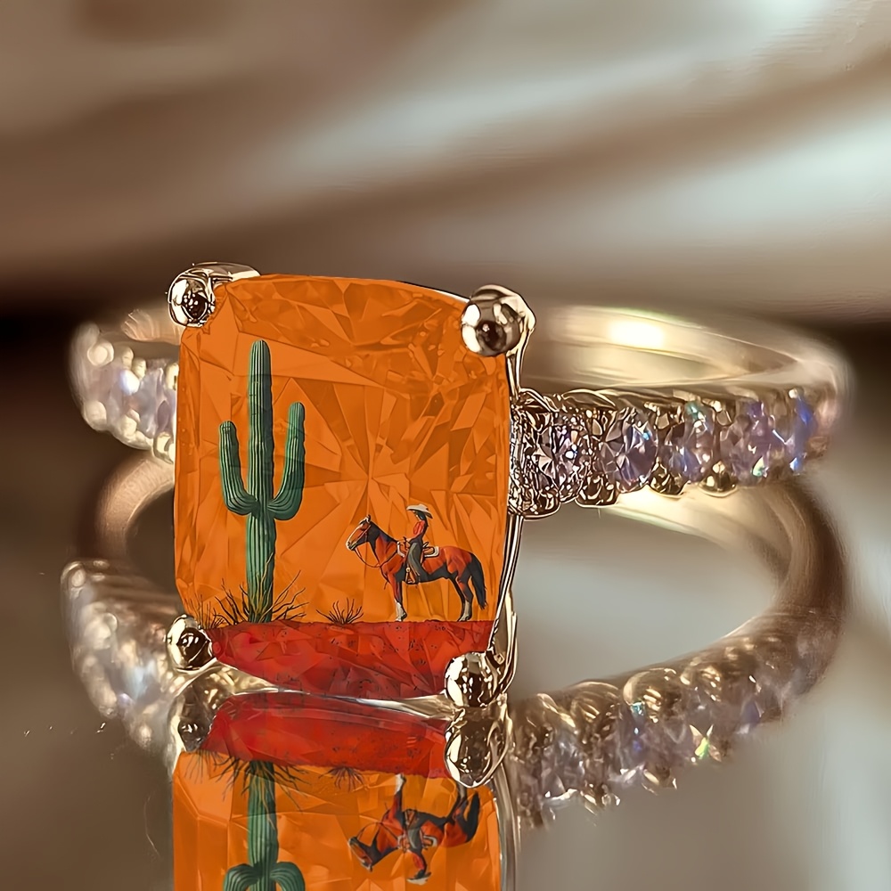 TEMU Women's Horse Riding Cactus Square Ring With Design - A And Style, Suitable For Casual Attire And Special Occasions.