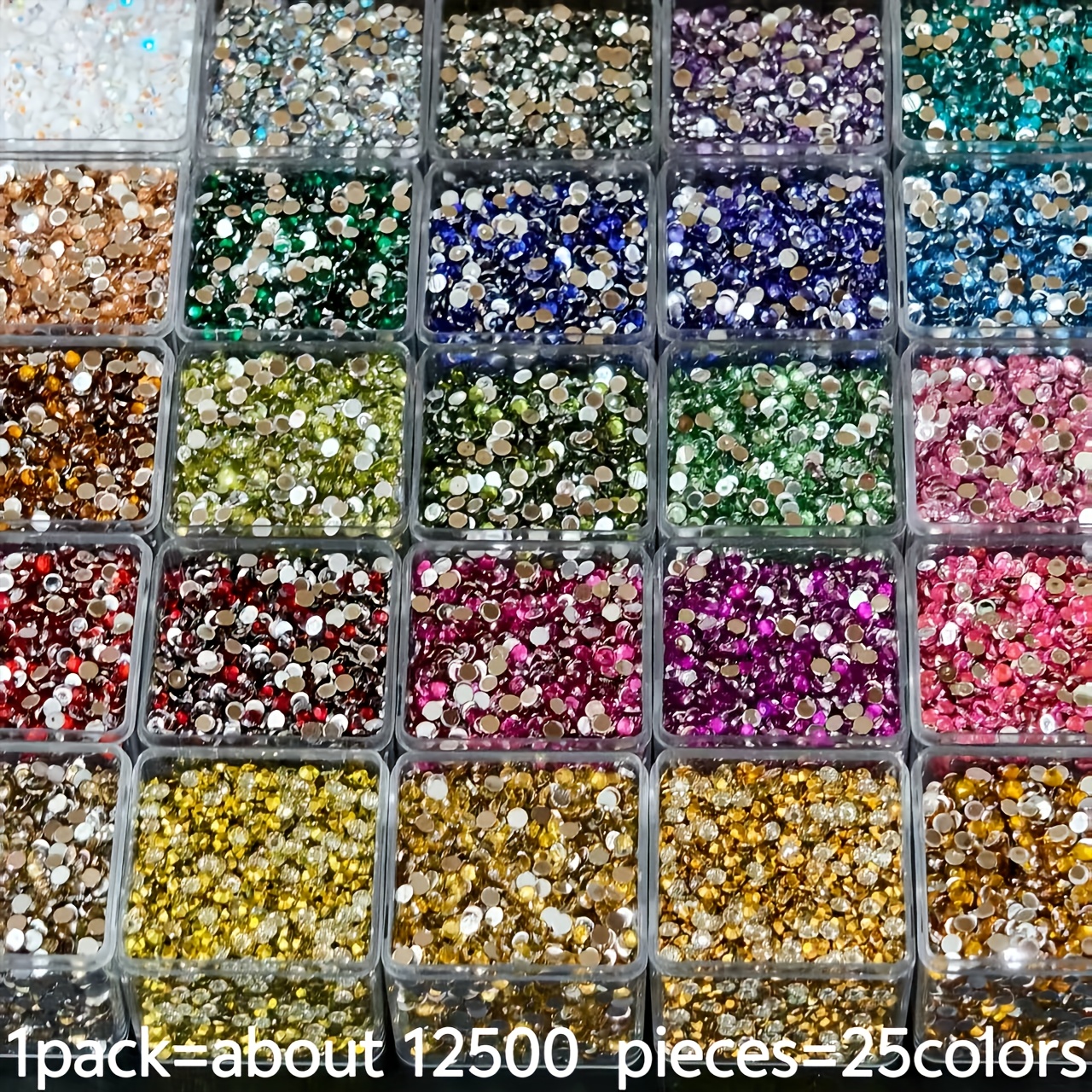 TEMU 12500 pièces en 25 couleurs - Kit de brillants ronds en résine 5D, diamètre de 3 mm, brillants argentés à dos plat, adaptés à la peinture