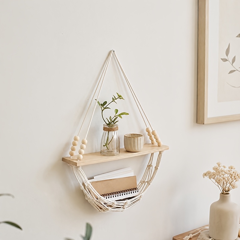 TEMU Hanging Shelves Boho Wall Decor Wooden Floating Storage Shelf For Bedroom Bathroom Living Room Nursery Dorm Room, Display Shelving For Hanging