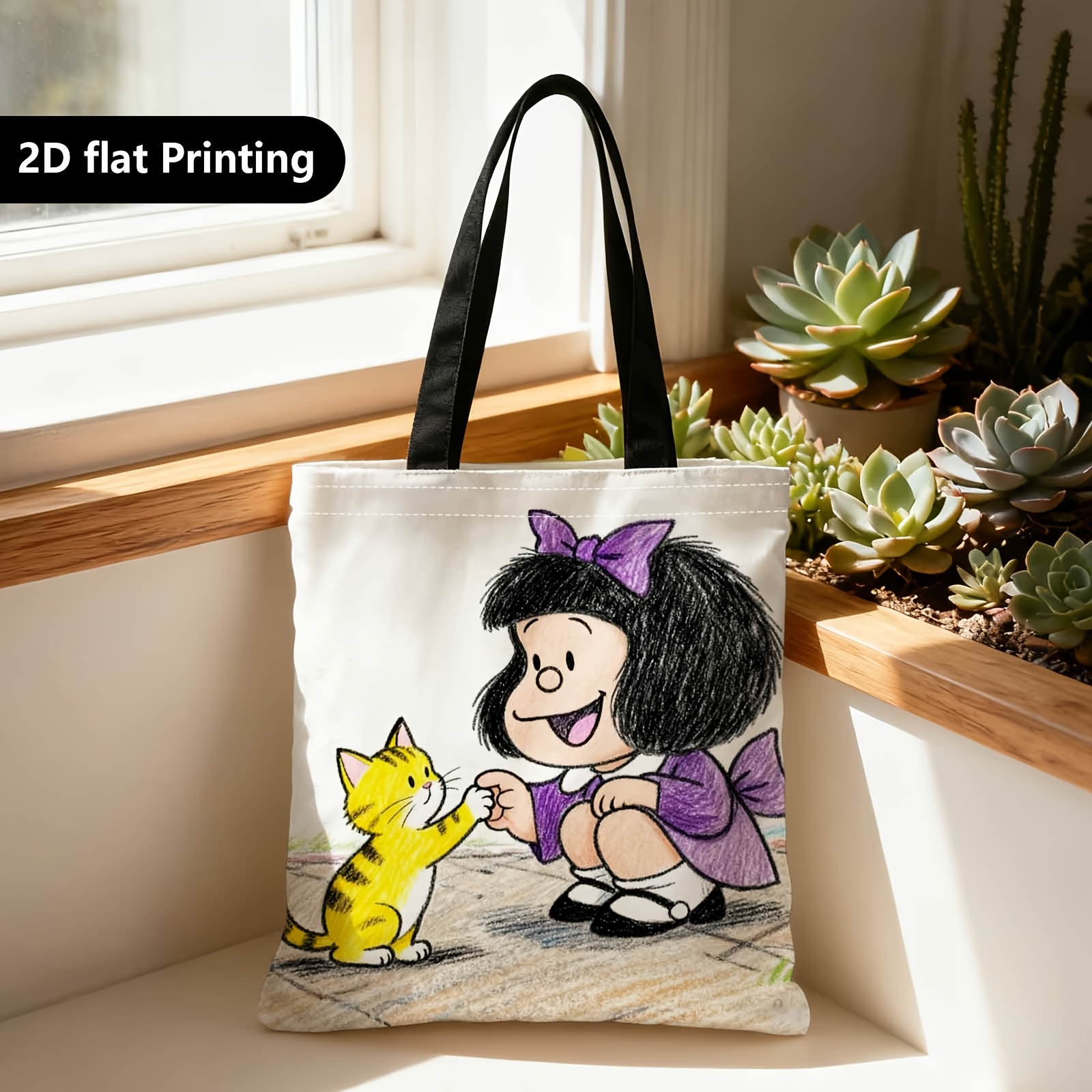 TEMU Bolsa de compras, bolso de /espalda/ portátil para compras, estampado 2D de cara, gato, , adecuada para viajes, cosméticos, bolsas de