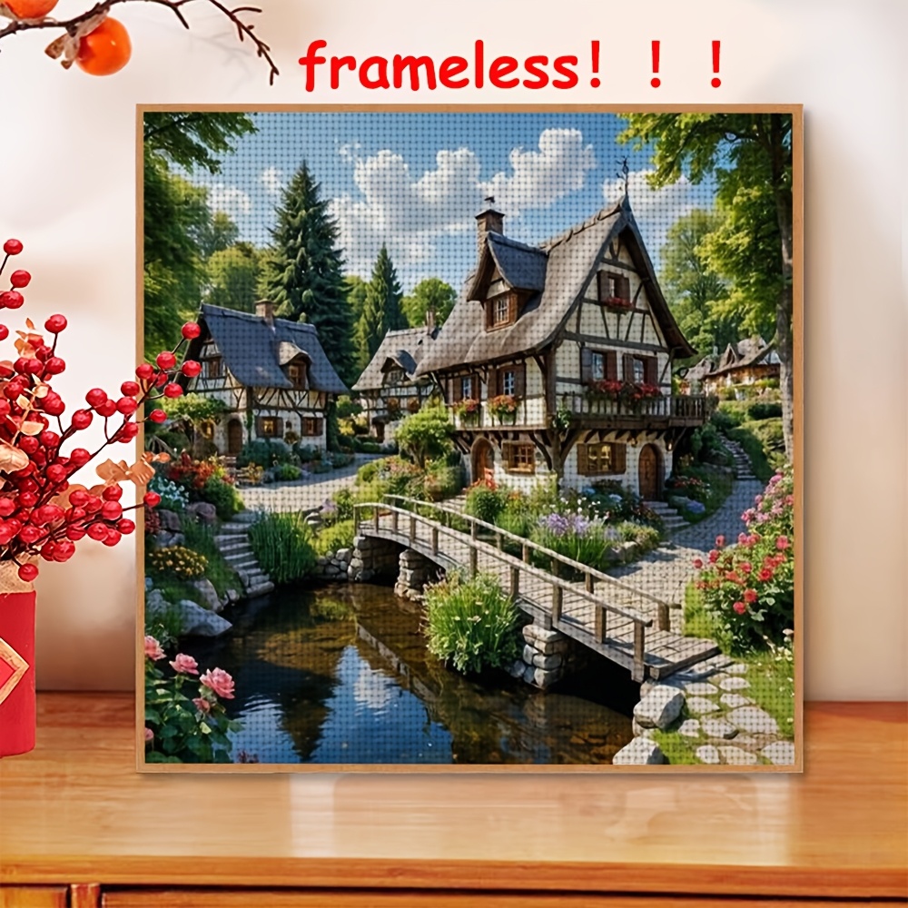 TEMU 1pc 11ct Frameless Cross Stitch Kit- Cottages By A Stream, Home Decoration Art Handmade Embroidery Kit, Including Patterned Fabrics And Threads,