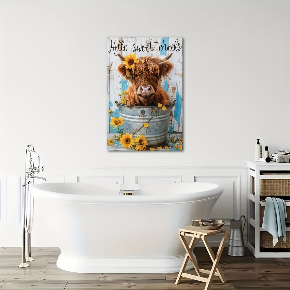 

1pc Wooden Framed Canvas Painting Highland Cow & Flowers Wall Art Prints For Home Decoration, Living Room, Bedroom, Bathoom & Bathtub, Festival Party Decor, Gifts, Ready To Hang