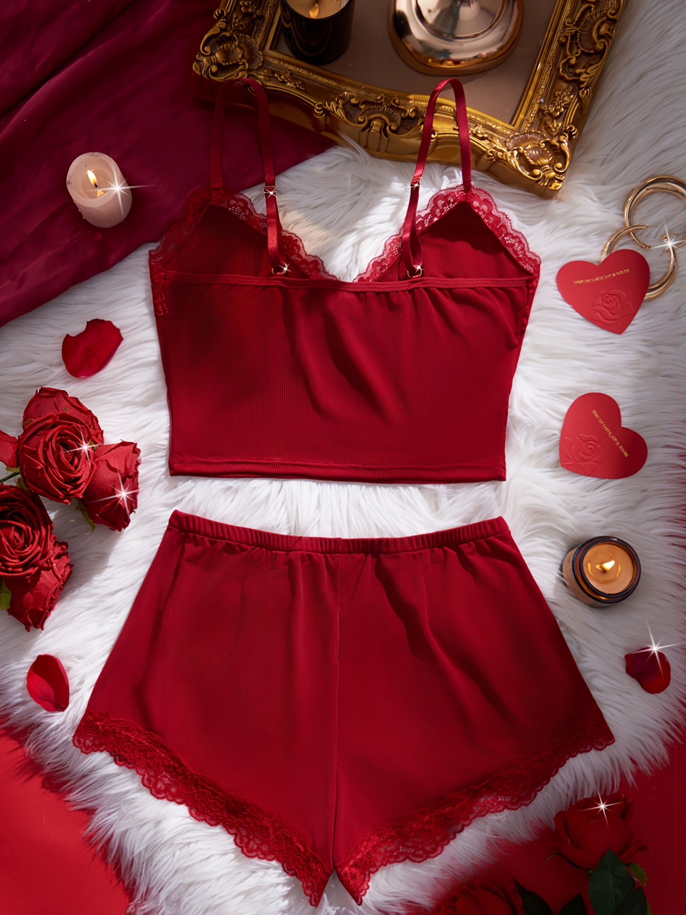 2 piecesolid color   pajama set contrast lace bow halter top shorts womens   pajamas Product details 1