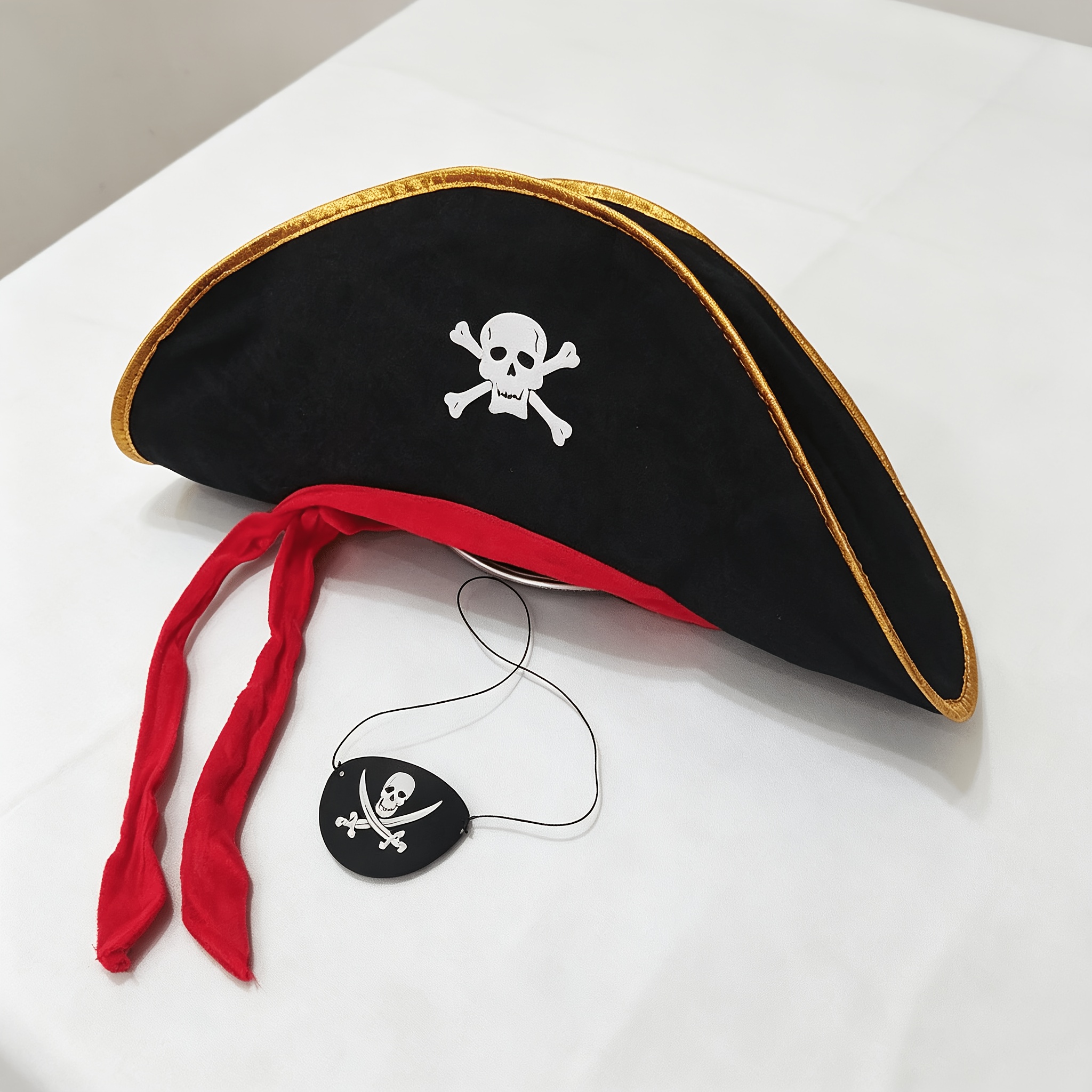Pirate Tricorne Hat and Eye Patch Set, Gold-Trimmed Captain Hat