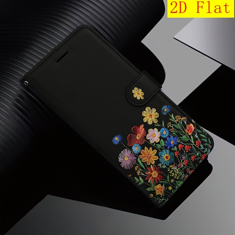 TEMU Phone Case - 2d Flat Flowering Shrubs Pu Magnetic Flip Wallet Case With Card Holder Stand For Iphone 5/6/6s/7/8/x/xs/xr/se2 2020/se3