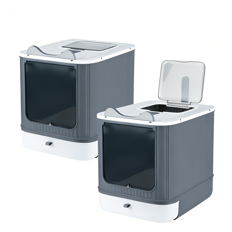 Image of Set Of 2 Enclosed Cat Litter Boxes - Covered For Multi-cat Households, Heavy-duty Plastic With Scratch-resistant Base, Complete 45x35x37cm Litter Tray Set, Stackable For Storage(2pcs- 45x35x37cm)