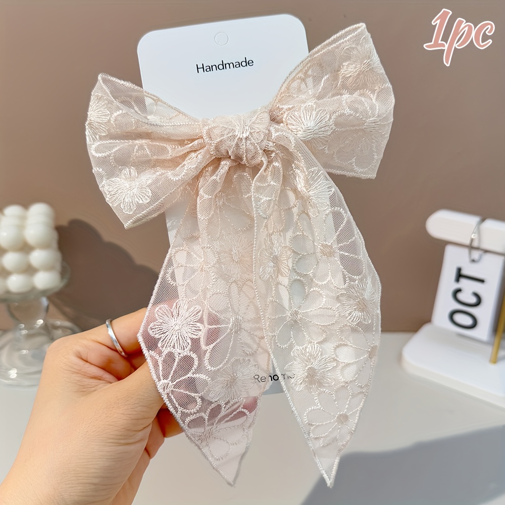 1 Pc Elegant Floral Embroidered Lace Bow Hair Clip For Women Sheer Mesh Flower Long Tail Bow Barrette Elegant Vintage Hair Accessory For Daily Wear Wedding Party And Travel Vacation Outfits