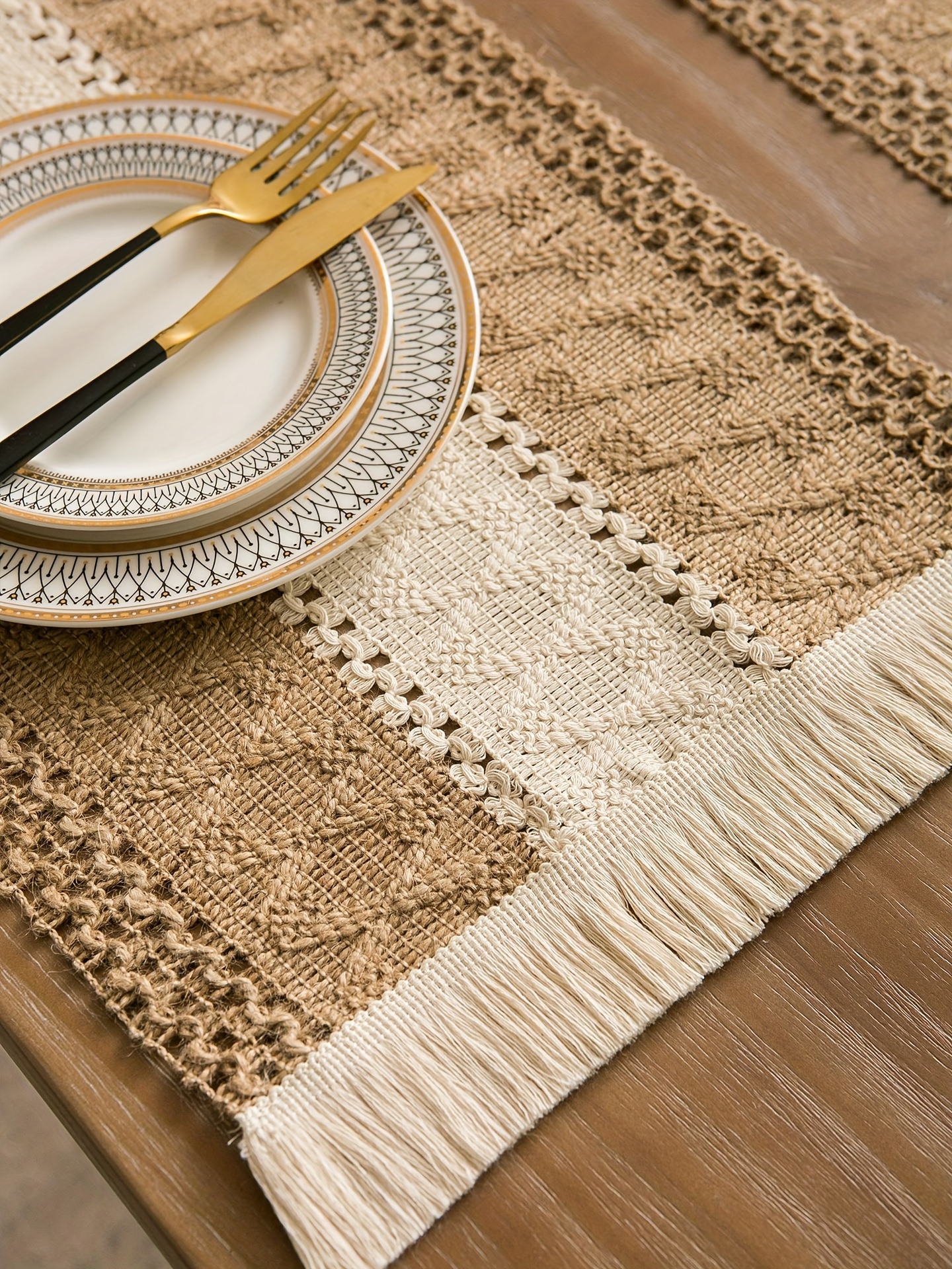 4 6pcs bohemian burlap placemats chic hand woven linen blend table mats striped rectangular table mats with light luxury feel suitable for coffee tables home decoration and holiday entertainment decoration durable easy to clean Product details 6