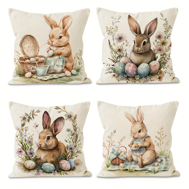 

4-pack Vintage Floral Bunny Throw Pillow Covers - Perfect Decoration For Spring, Easter And Bunny Lovers, 18x18 Inch, Zipper Closure, Machine Washable, Soft Polyester Fabric, No Insert