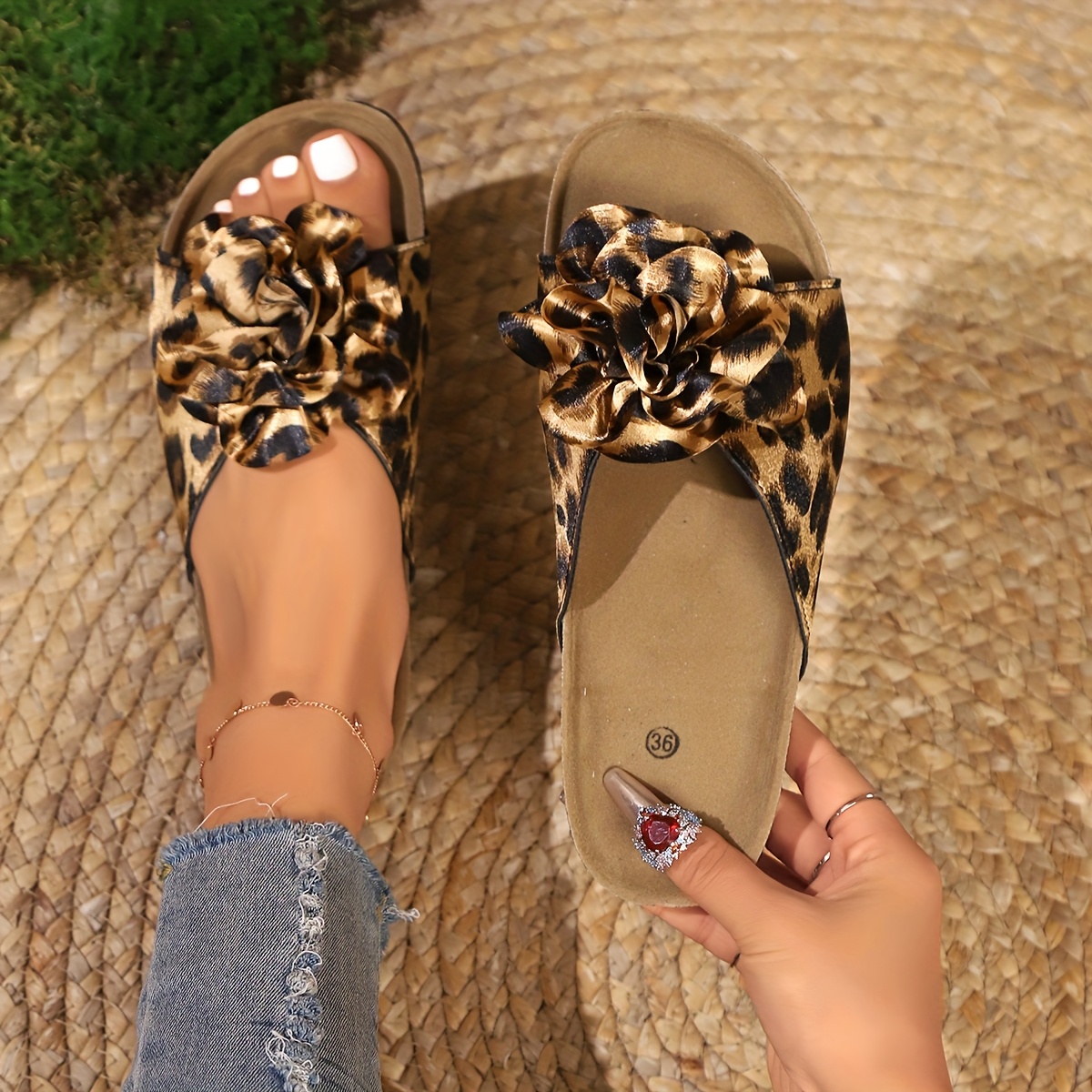 Image of 2025 Spring Summer New Style Half-flip Leopard Print Women's Floral Beach Outdoor Party Casual Slides, Women Shoes