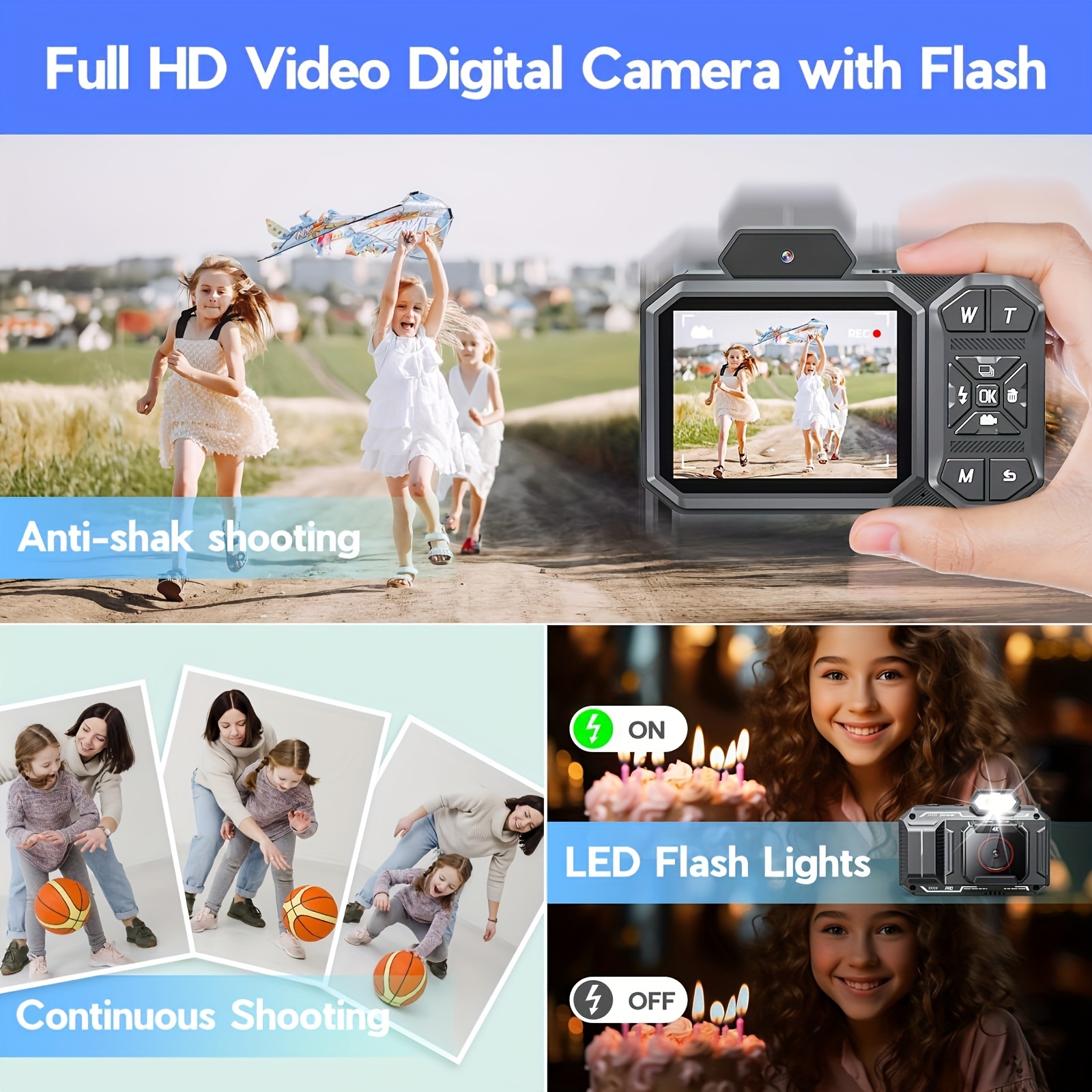 48 Megapixeles Digitális Fényképezőgép 1080p HD Felbontással, 2,88 Hüvelykes LCD Kijelzővel, 16x Digitális Zoommal, Újratölthető Akkumulátorral, Tinédzsereknek, Kezdőknek, Fiúknak, Lányoknak