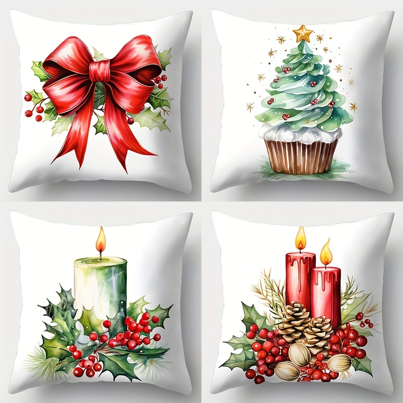 

4-piece Contemporary Artistic Christmas Pillowcases - Vibrant Single-sided Print, Zippered Polyester Covers For Living Room & Bedroom Decor, 17.72" Square (excludes Inserts)