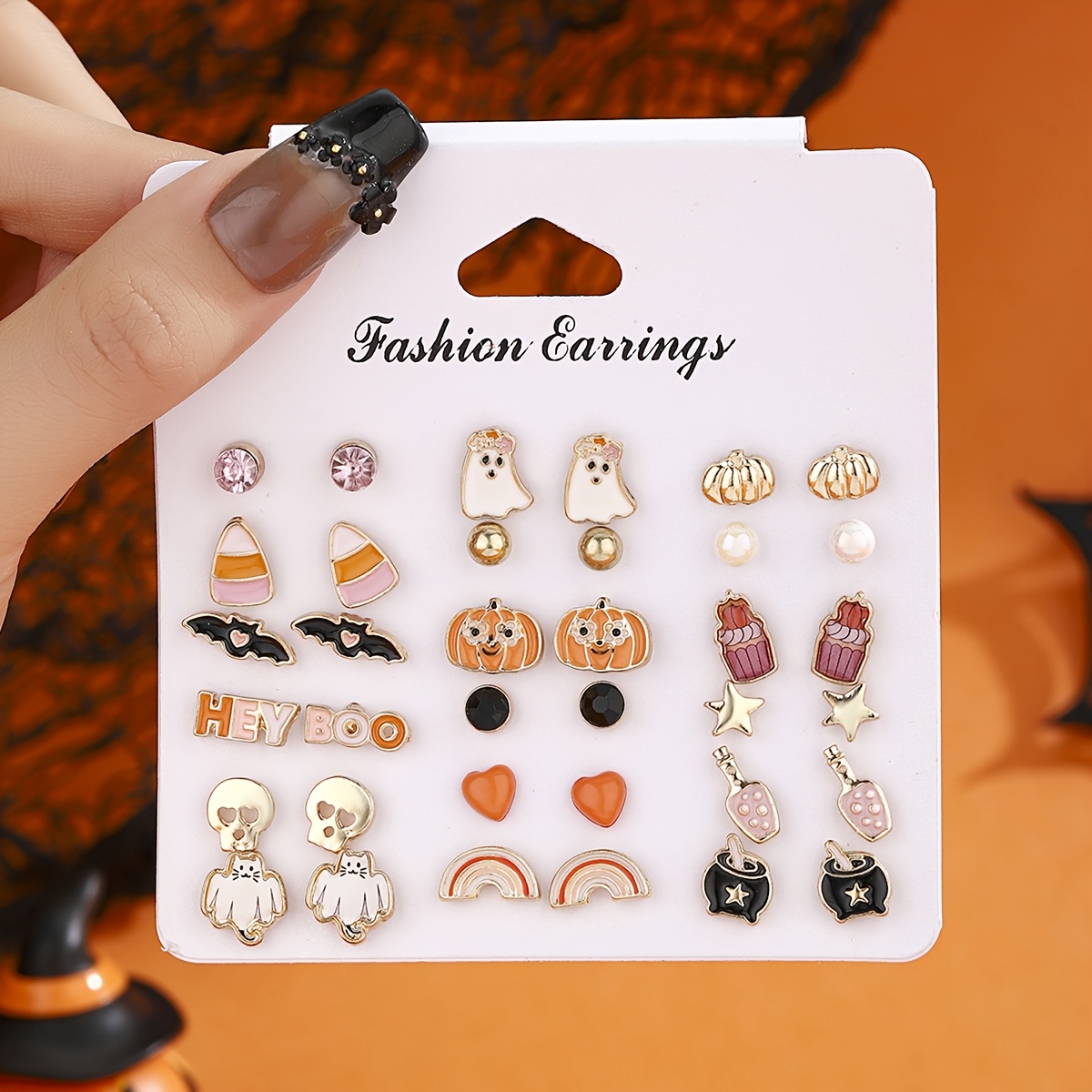TEMU 36pcs For Halloween-themed Alloy Stud Earring Set, Featuring Shapes Like Ghosts, Bats, Pumpkin Heads, Skulls, And More, Perfect For Halloween