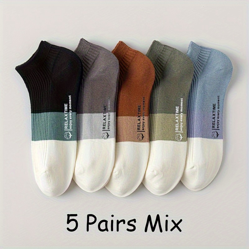 Image of 5 Pairs Of Men's Short Socks In Contrasting Colors, Made Of Soft And Breathable, Comfortable And Moisture-wicking, Unisex Boat Socks, Sweat-resistant